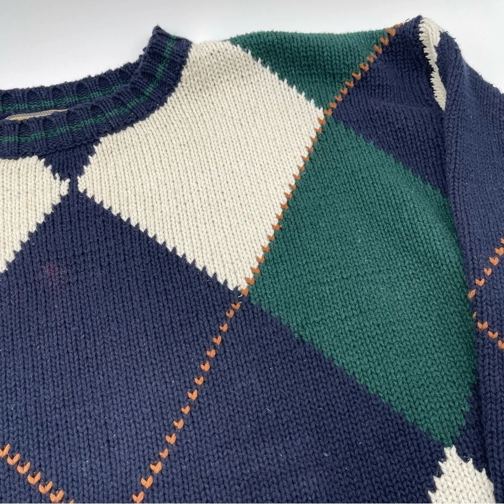 Vintage New River Co 90s Sweater Mens XL X-Large Blue Green Argyle Knit Chunky